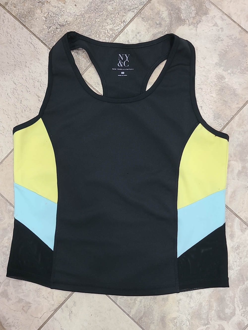 New York & Company Black Tank Top with Yellow and Light Blue Panels
